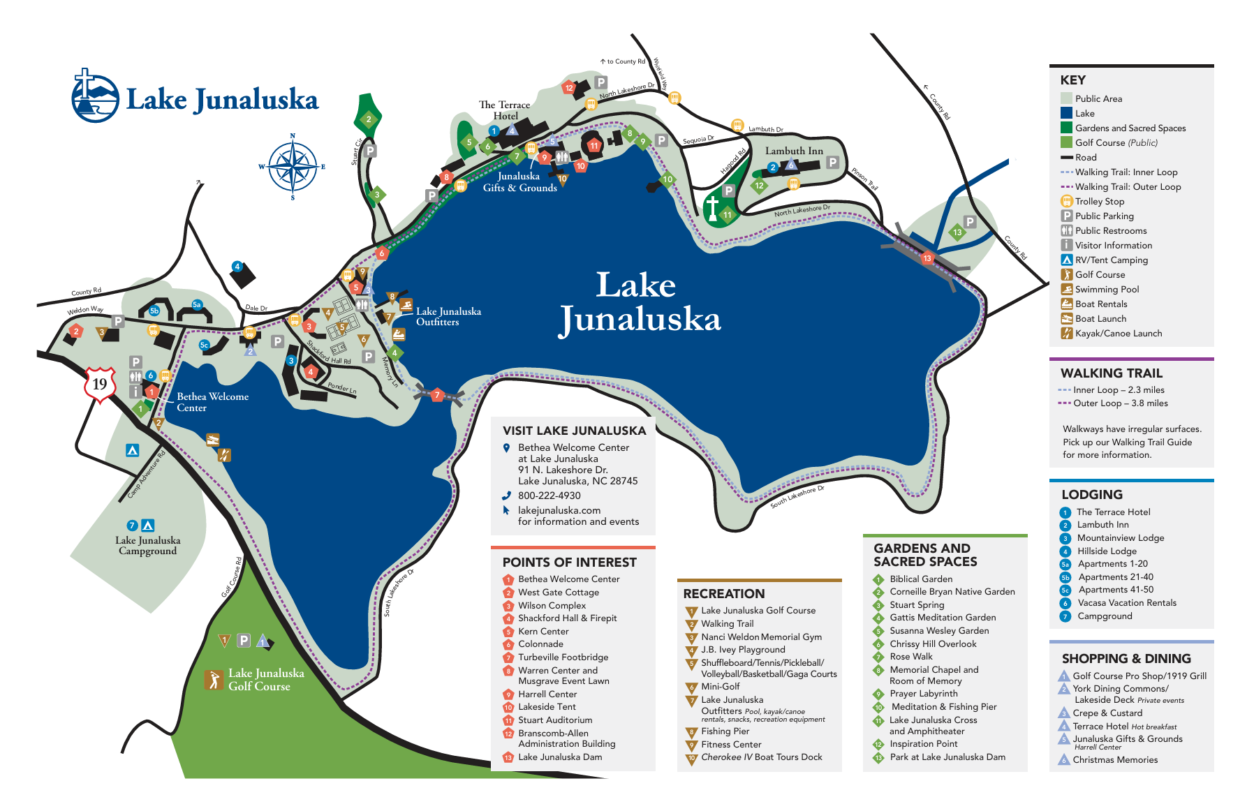 Lake Junaluska campus map showing points of interest, recreation, gardens and sacred spaces, walking trails, lodging, and shopping and dining