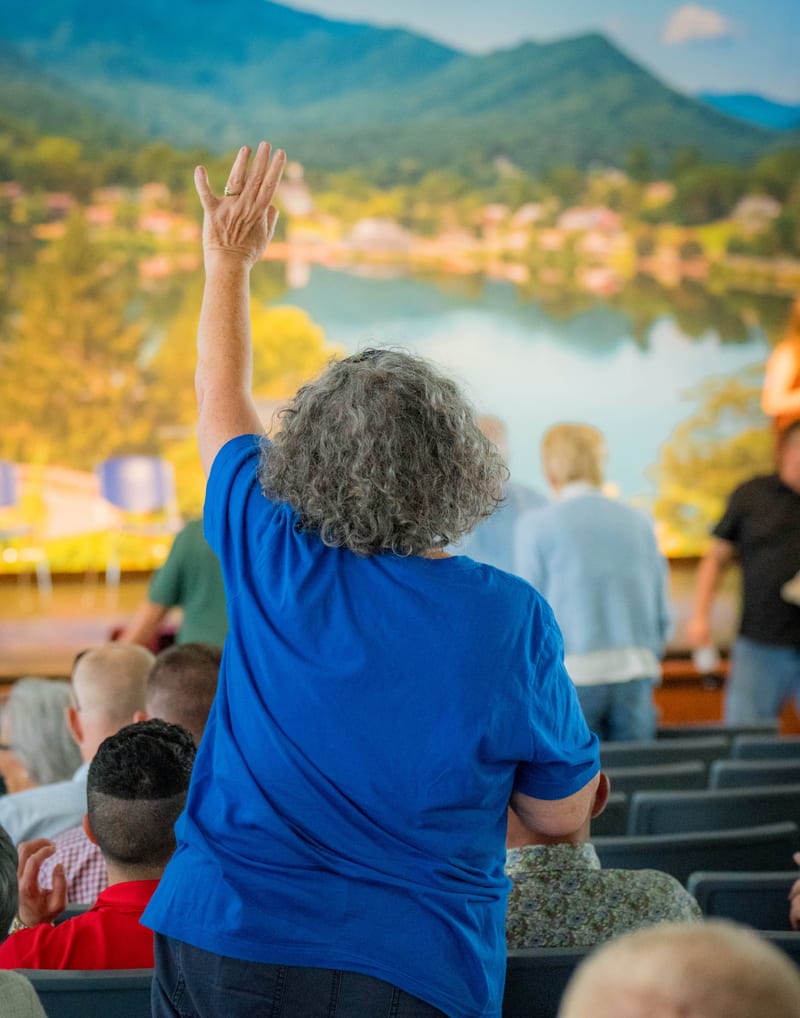 A woman with her hand raised in worship, seen from behind, facing a painted lake backdrop