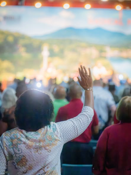A raised hand in a crowded auditorium facing the lit stage and mountain mural